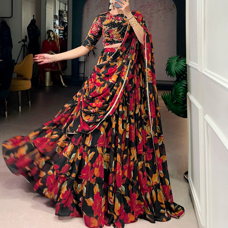 Black Color Floral Printed Marbel Chaniya Choli