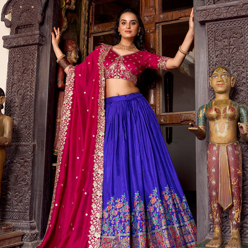 Royal Blue Color Printed With Foil Work Tasar Silk Lehenga Choli