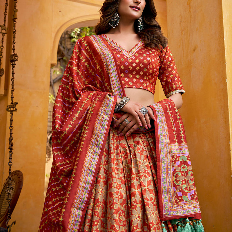 Rust Orange Color Tasar Silk Lehenga