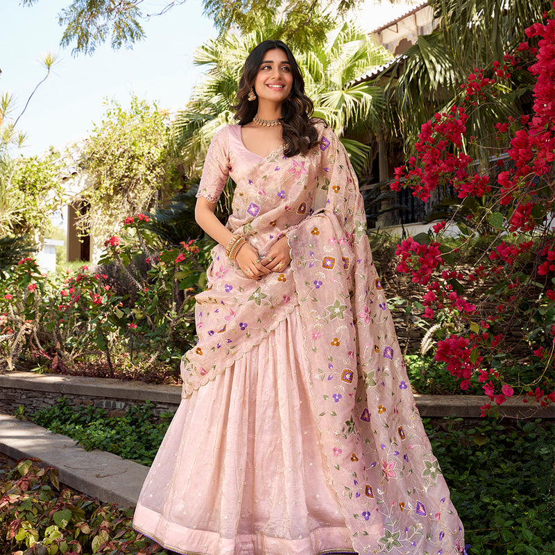 Light Pink Color Sequins And Thread Embroidery Gold Crush Lehenga Choli