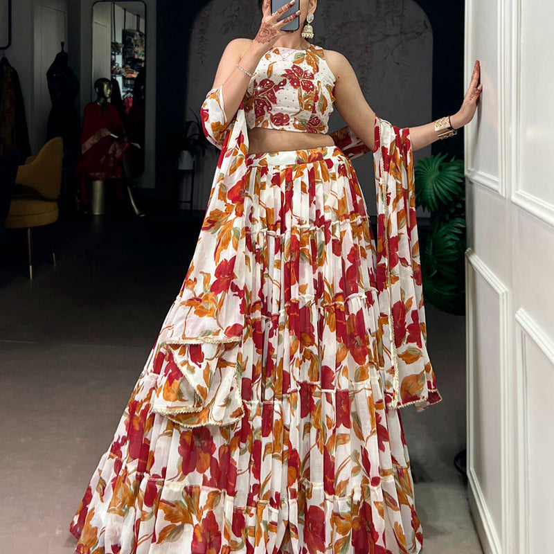 White Color Floral Printed Marbel Chaniya Choli