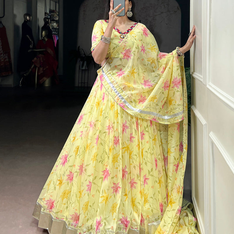 Yellow Color Floral Print With Embossed Design Tabby Silk Chaniya Choli