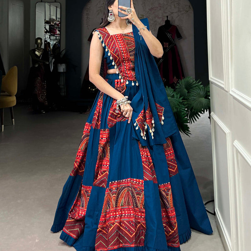 Blue Color Plain And Printed With Foil Work Cotton Lehenga Choli