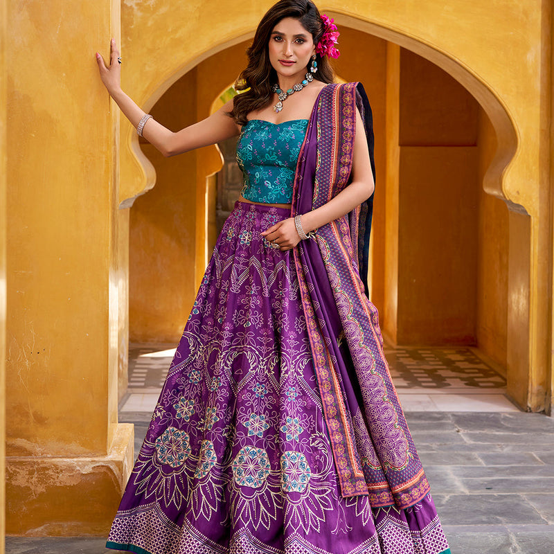 Purple Color Printed With Beads Work Lehenga