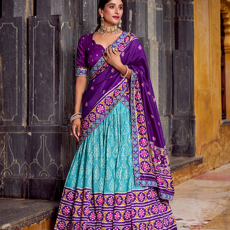 Sky Blue Color Ikkat Patola Printed Tasar Silk Lehenga Choli