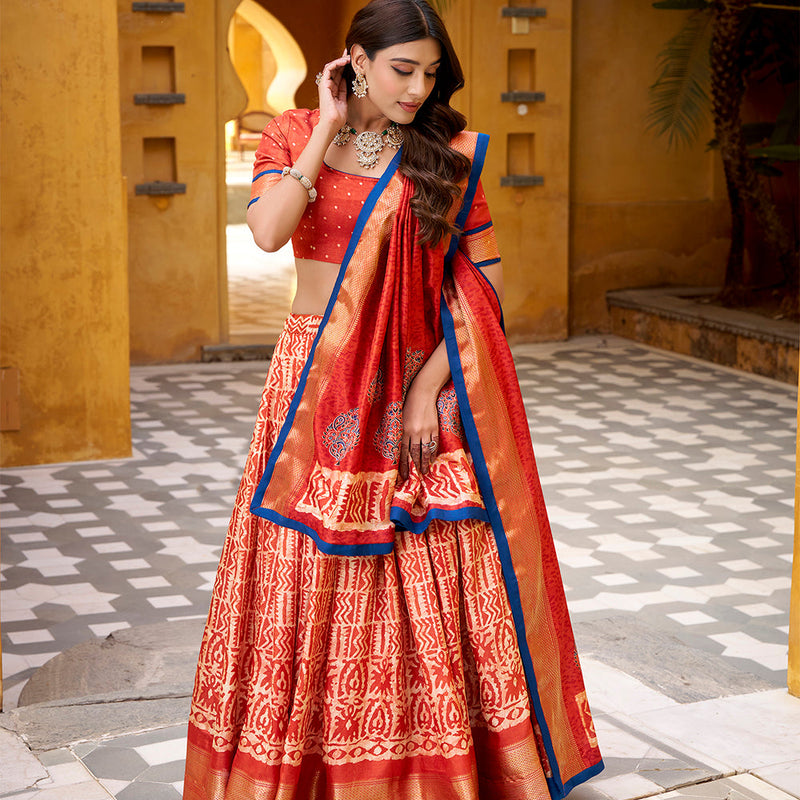 Rust Orange Color Batik Printed Dola Silk Lehenga