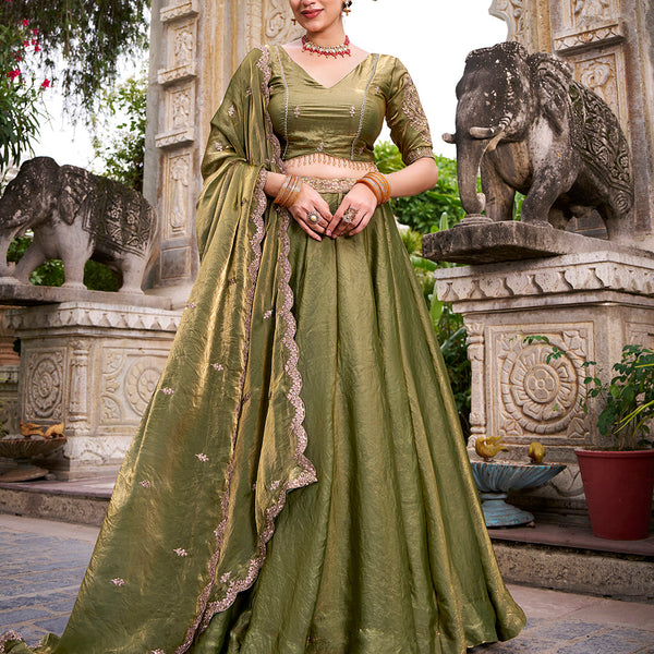 Mehandi Color Sequins And Thread Embroidery Work Belt Fendi Lehenga Choli