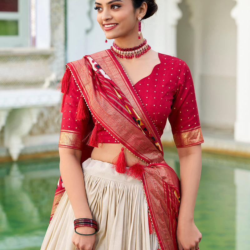 Off White Color Haydrabad Patola Print With Foil Work Tasar Silk Lehenga Choli