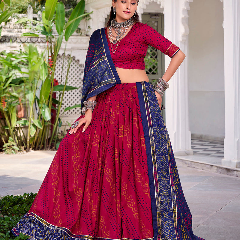 Pink Color Bandhej Print With Gotta Patti Lace Tasar Silk Lehenga Choli