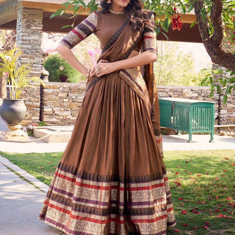 Brown Color Plain With Zari Weaving Work Chanderi Silk Lehenga Choli