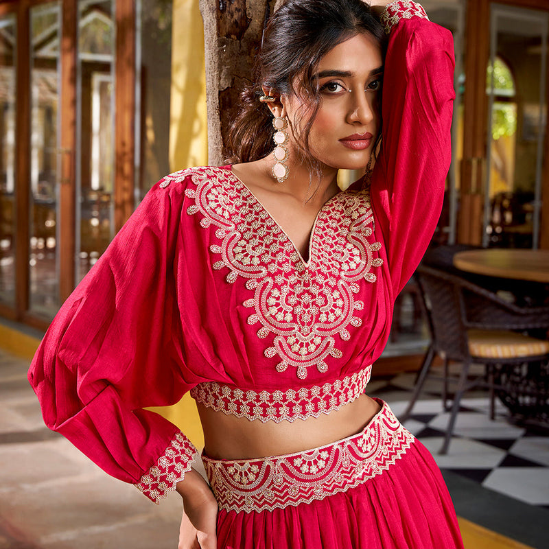 Pink Color Thread Embroidery Vichitra Silk Co-ord Set