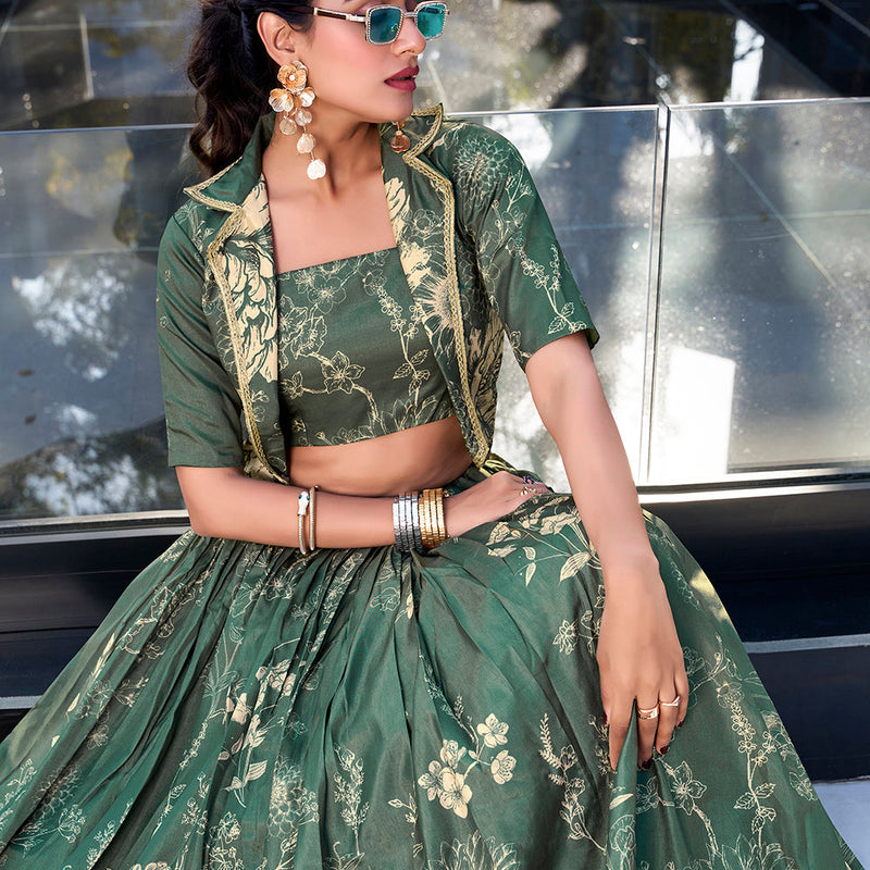 Bottle Green Floral Print Tussar Silk Co-ord Set lehenga Choli