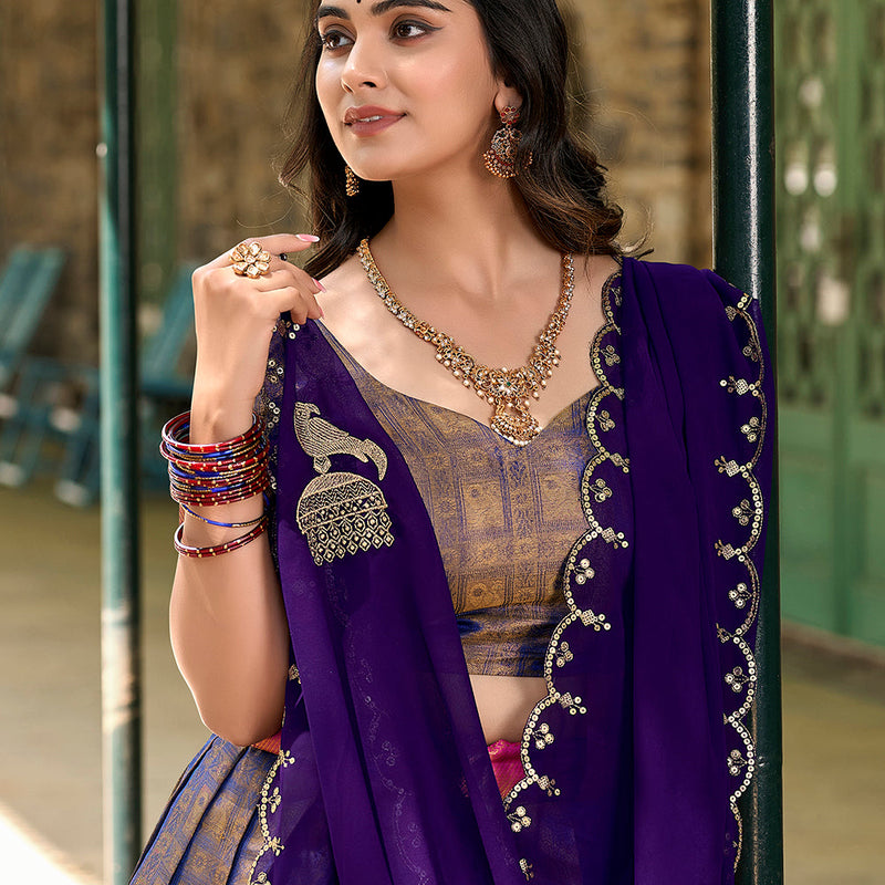 Blue Color Zari Weaving Work Kanjivaram South Indian Lehenga Choli