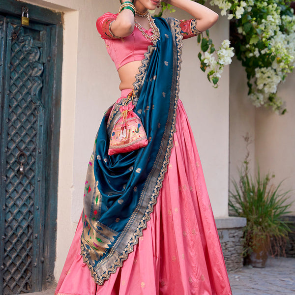 Light Pink Color Zari Weaving Work Jacquard Silk (Paithani) Lehenga Choli