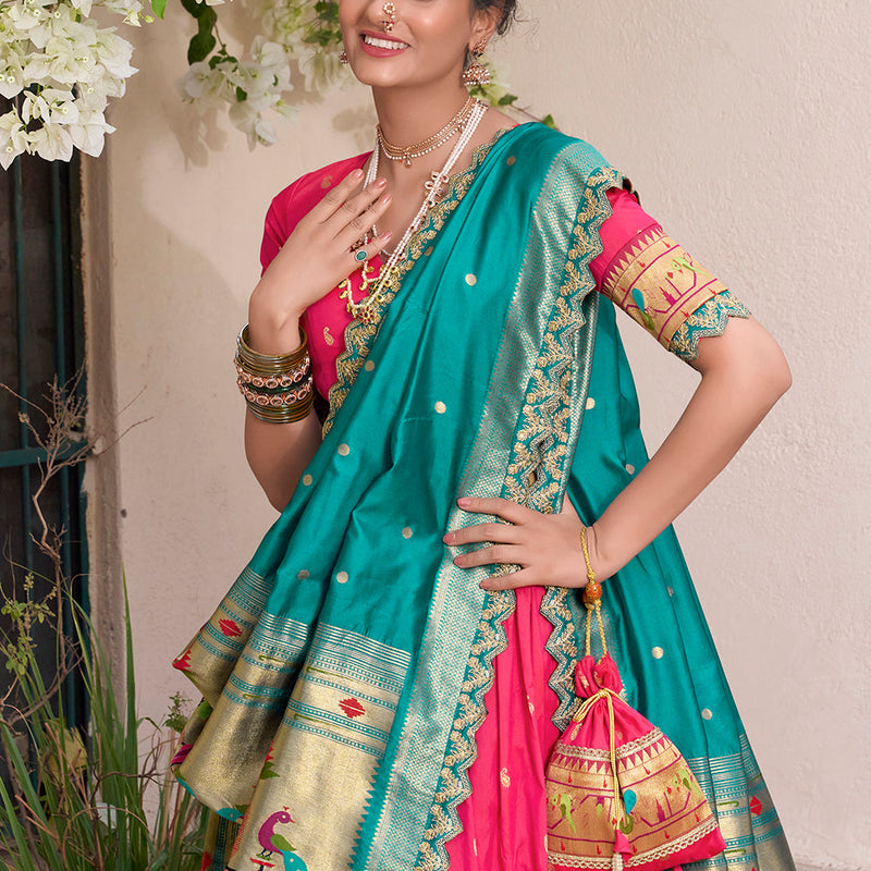 Pink Color Zari Weaving Work Jacquard Silk (Paithani) Lehenga Choli