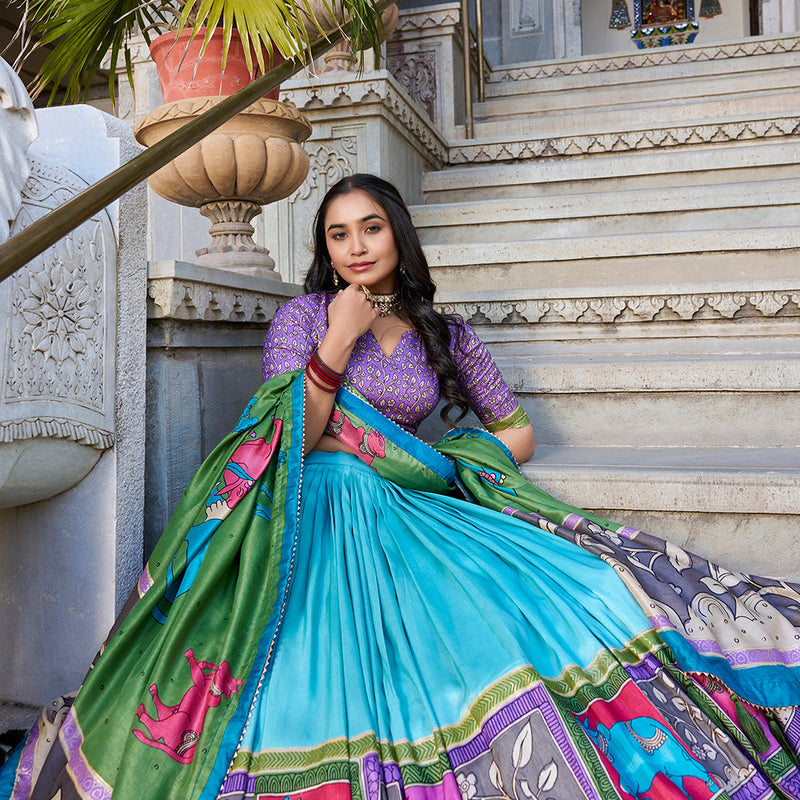 See Green Color Kalamkari With Foil Work Tasar Silk Lehenga Choli