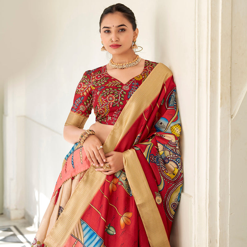 Cream Color Kalamkari Print With Weaving Border Dola Silk Lehenga Choli