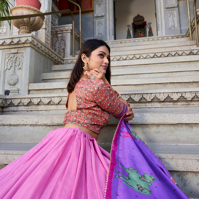 Peach Color Kalamkari With Foil Work Tasar Silk Lehenga Choli