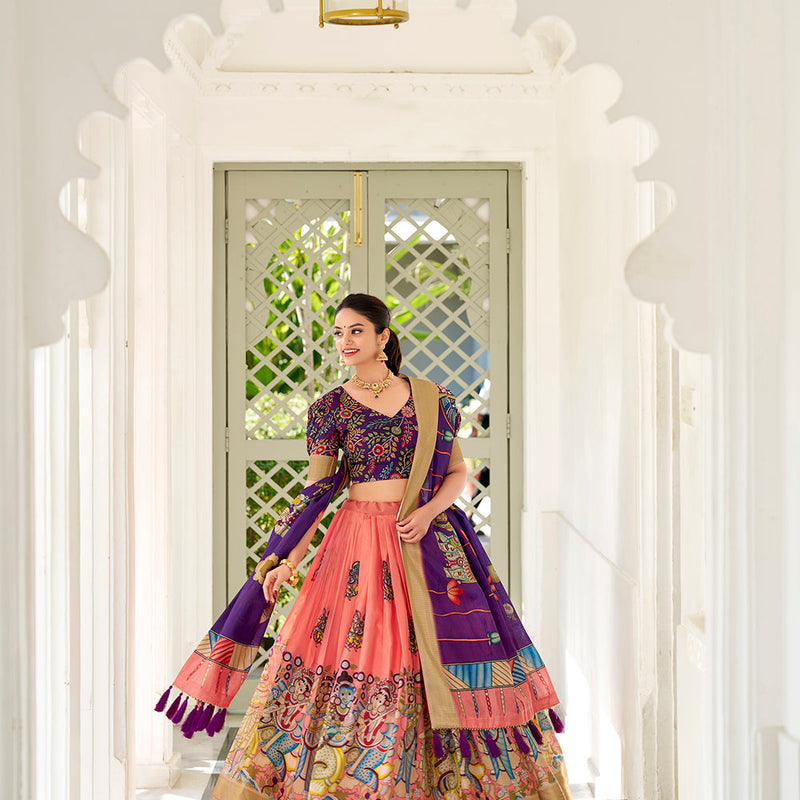 Peach Color Kalamkari Print With Weaving Border Dola Silk Lehenga Choli