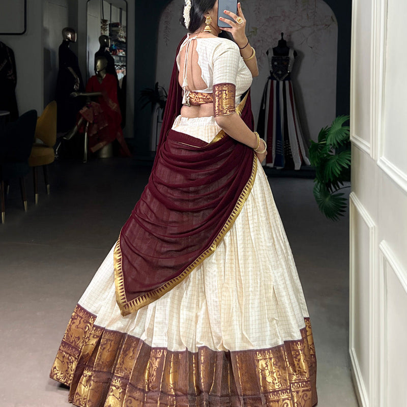 White Color Chex With Zari Weaving Work Poly Cotton Wedding Lehenga Choli
