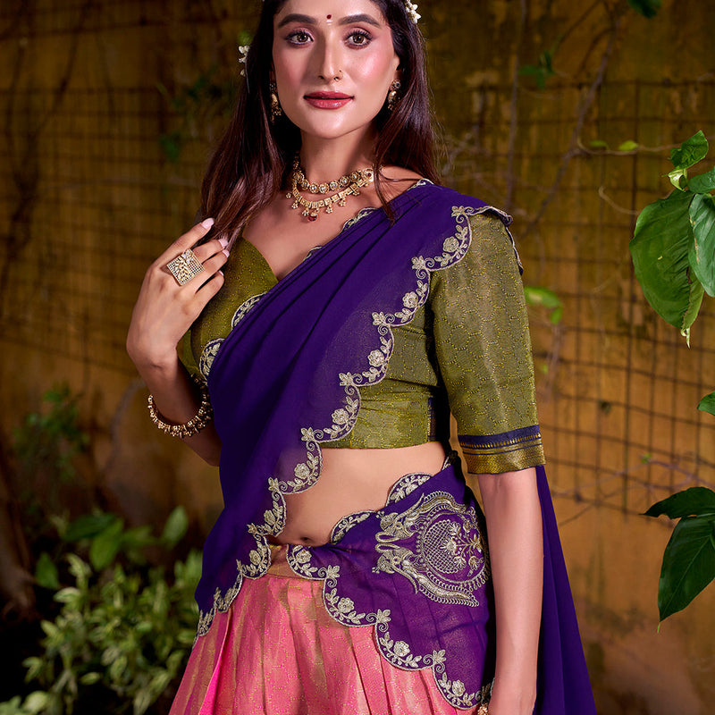 Purple Color Sequince And Thread Embroidery Work Kanchipuram Lehenga Choli