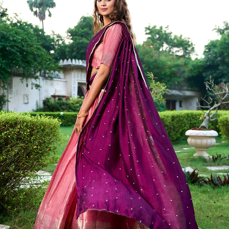 Salmon Color Zari Weaving Work Kanchipuram Wedding Lehenga Choli