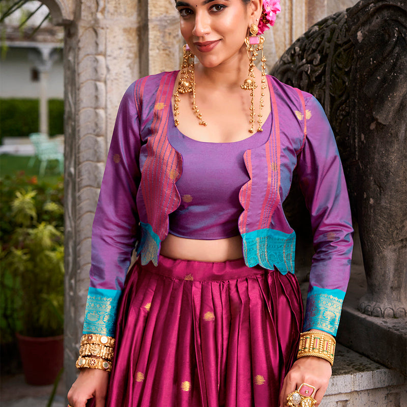 Pink Color Zari Weaving Work Poly Cotton Lehenga Choli