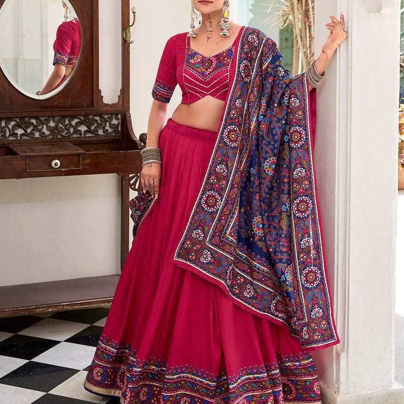Pink Color Gamthi Print And Embossed Design Tasar Silk Lehenga Choli