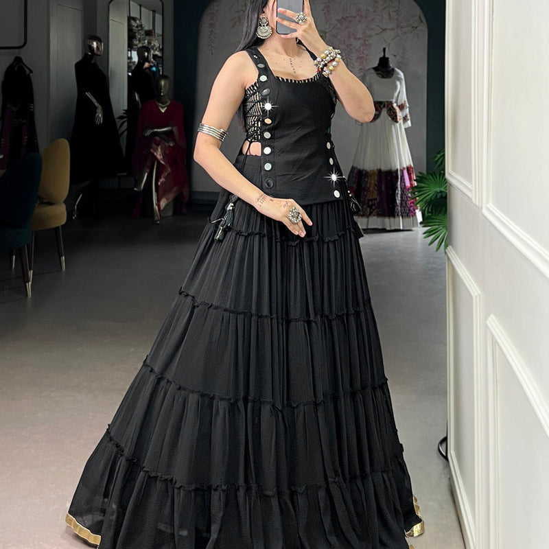 Black Color Embossed Design Lace Border Marbel Chaniya Choli