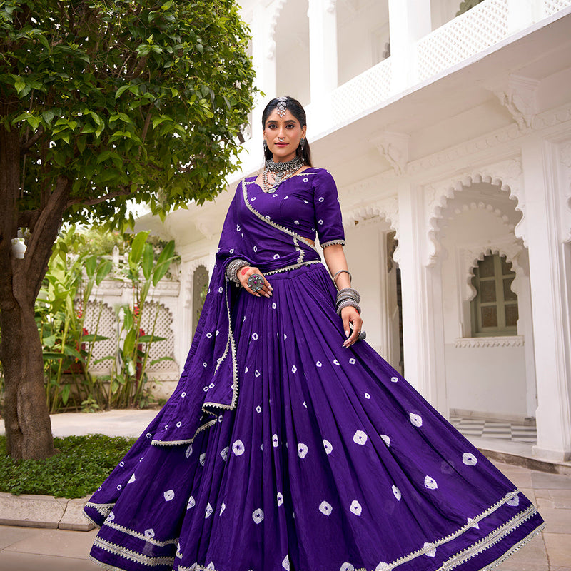 Purple Color Bandhej Print With Lace Touch Up Chanderi Chaniya Choli