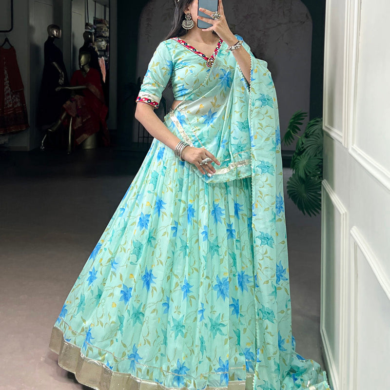 Pista Color Floral Print With Embossed Design Tabby Silk Chaniya Choli