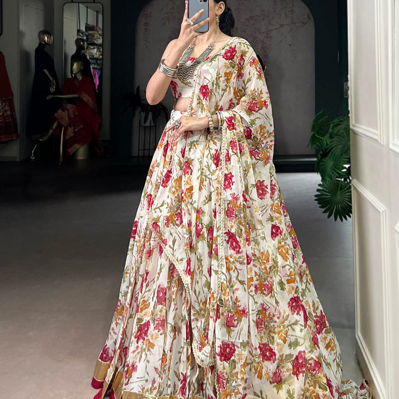 White Color Floral And Foil Print With Embossed Design Chiffon Ghaghra choli