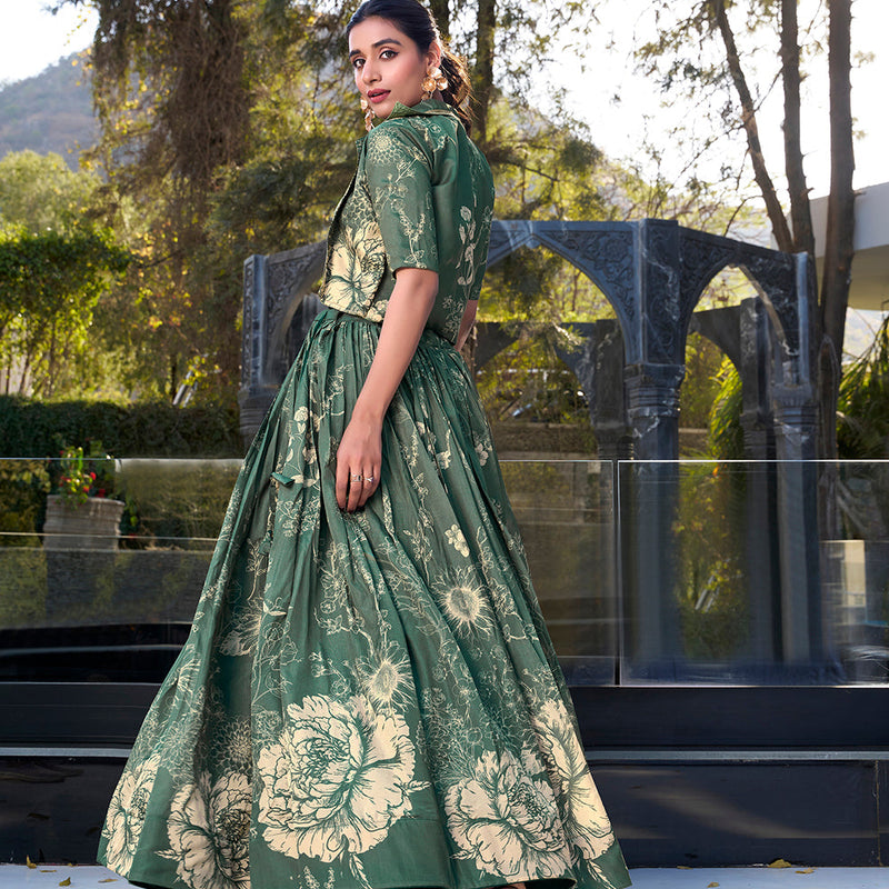 Bottle Green Floral Print Tussar Silk Co-ord Set lehenga Choli