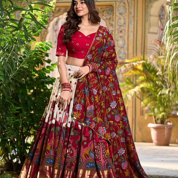 Off White Color Kalamkari Print With Foil Work Tasar Silk Lehenga Choli