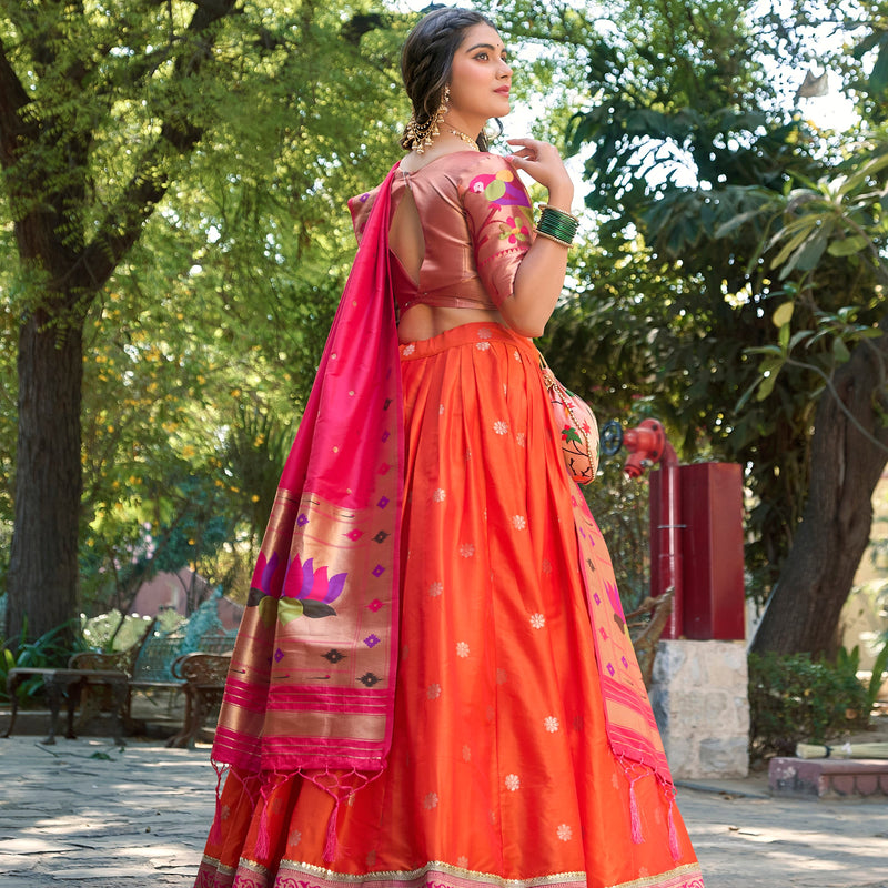 Orange Color Weaving Zari Work Jacquard Silk Lehenga Choli