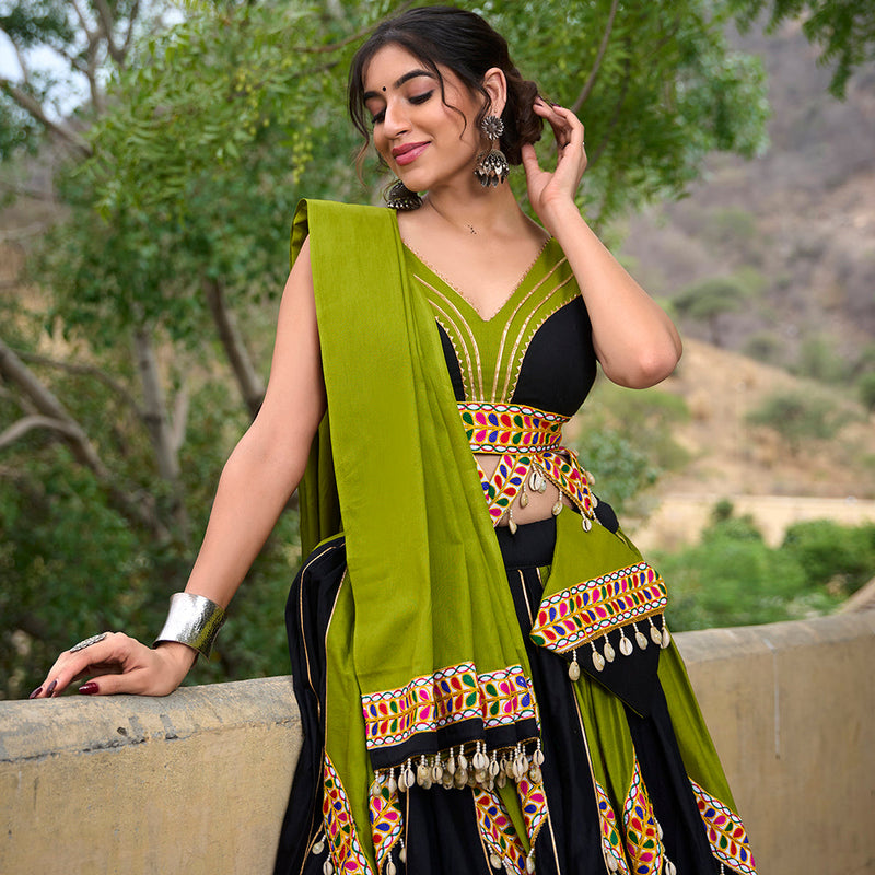 Parrot Color Plain With Gamthi Work Cotton Traditional Chaniya Choli