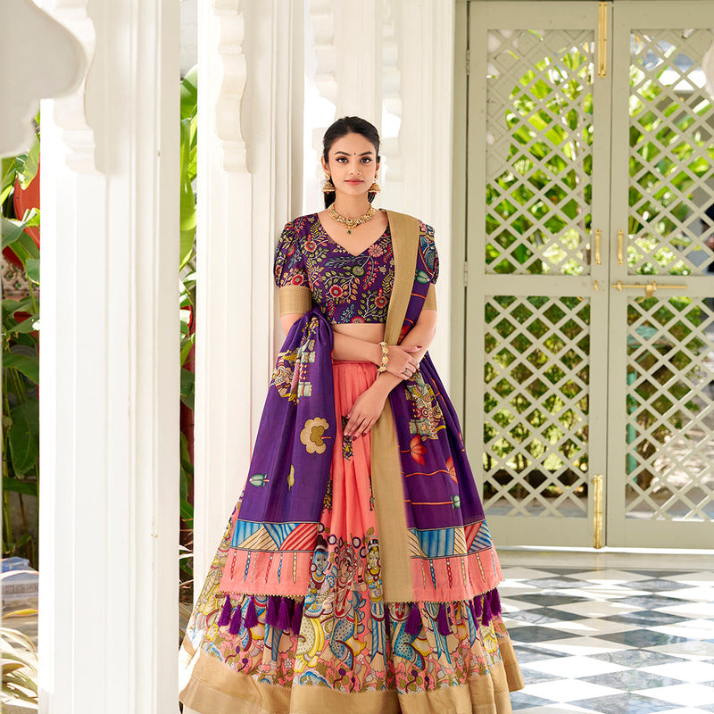 Peach Color Kalamkari Print With Weaving Border Dola Silk Lehenga Choli