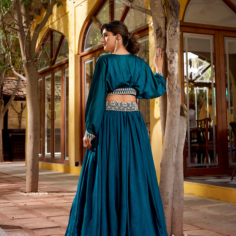 Peacock Blue Color Thread Embroidery Vichitra Silk Co-ord Set