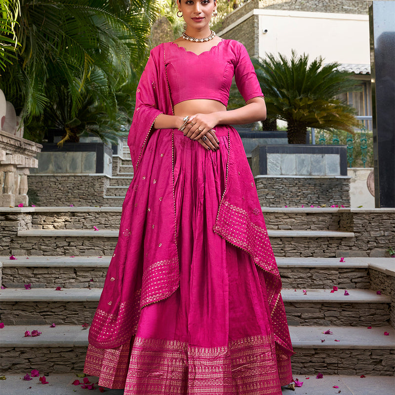 Pink Color Plain With Zari Weaving Work Chanderi Lehenga Choli