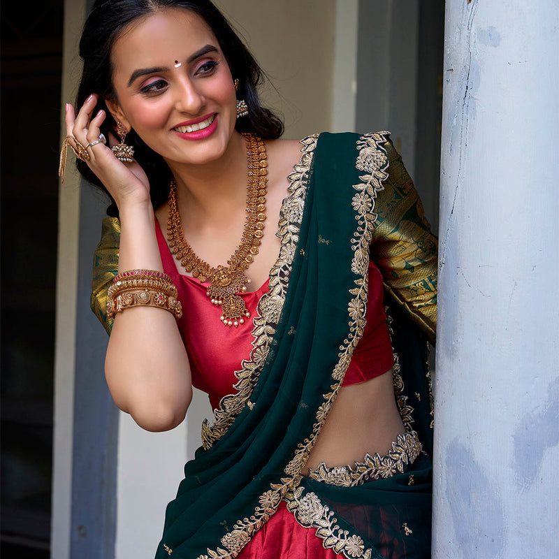 Red Color Zari Weaving Work Narayan Pattu Lehenga Choli
