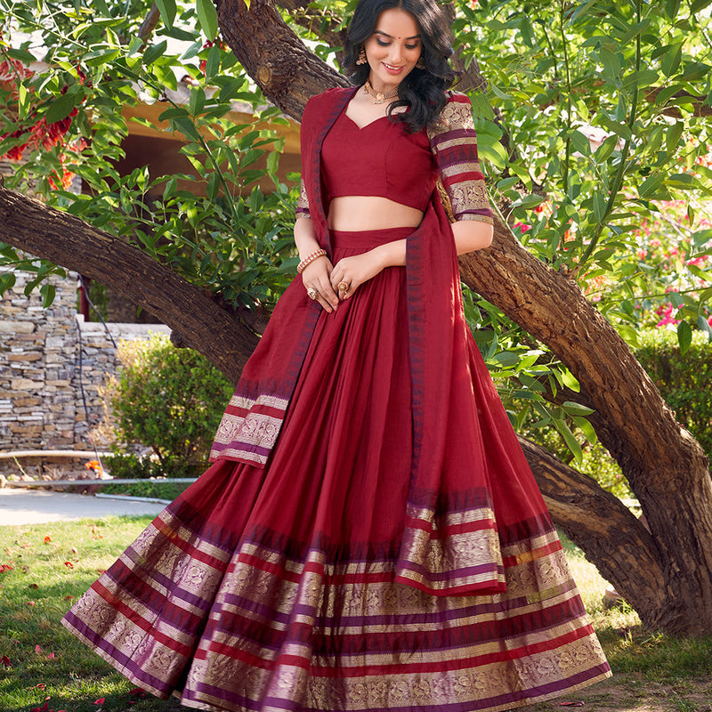 Red Color Plain With Zari Weaving Work Chanderi Silk Lehenga Choli