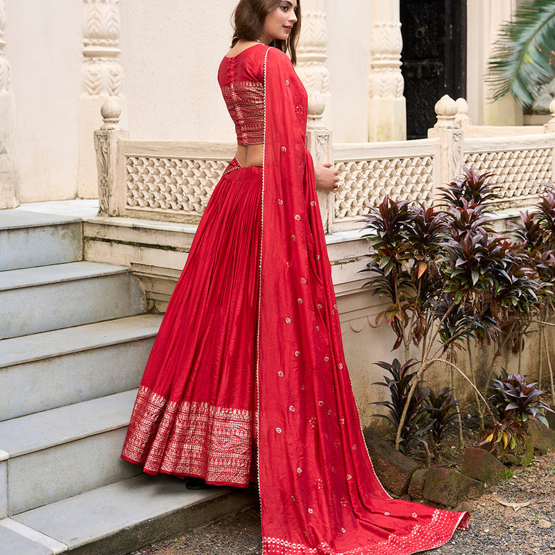 Red Color Plain With Zari Weaving Work Chanderi Lehenga Choli