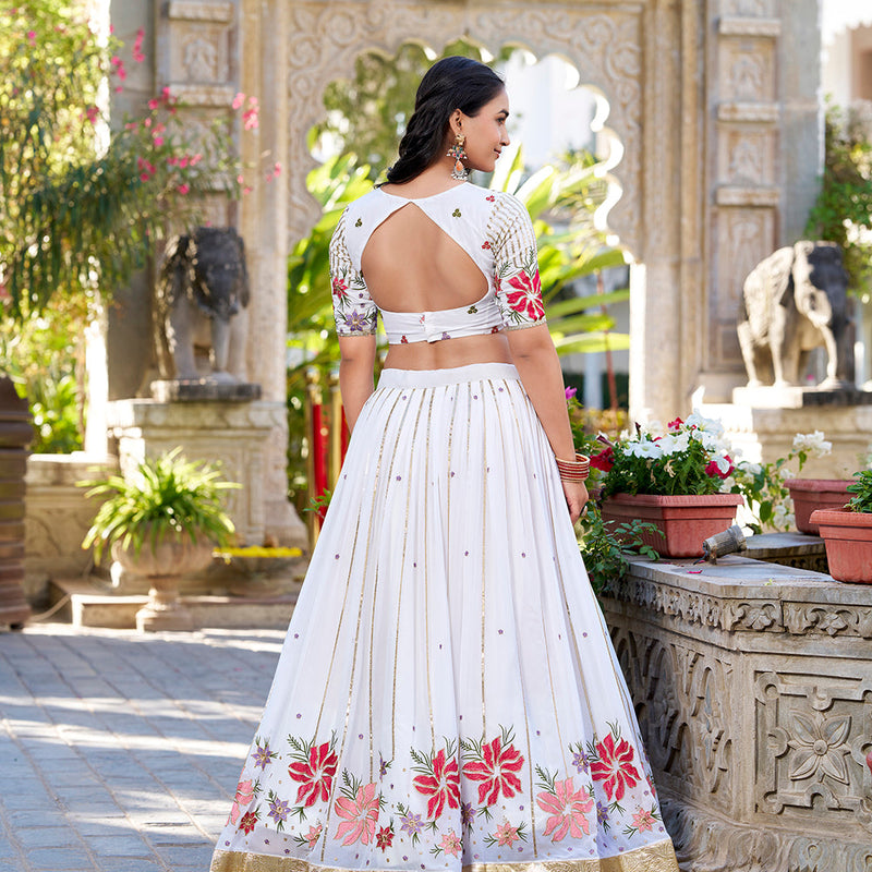White Color Sequins And Thread Embroidery Work Georgette Lehenga Choli