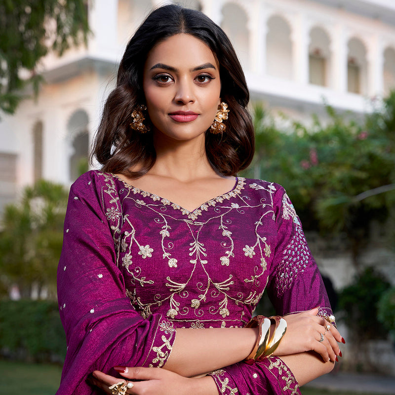 Wine Color Sequins And Thread Embroidery Work Vichitra Silk Lehenga Choli