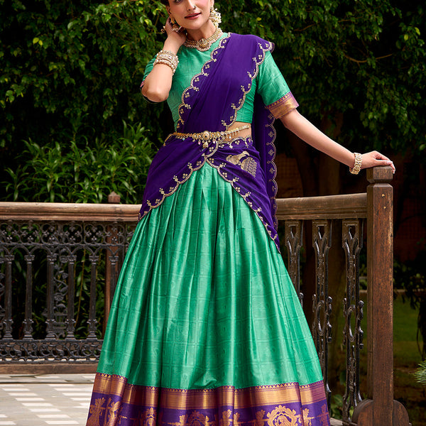 Bottle Green Color Zari Weaving Work Poly Cotton Lehenga Choli