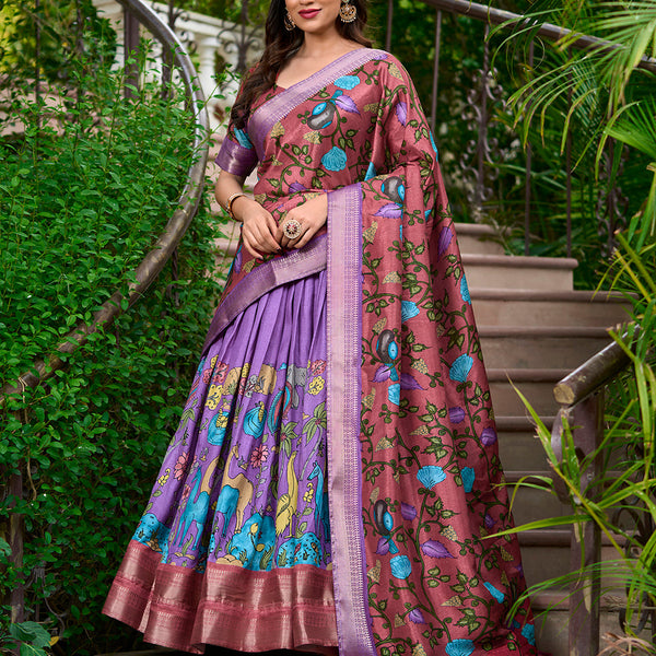 Lavender Color Kalamkari Print With Zari Weaving Dola Silk Voni Lehenga Choli