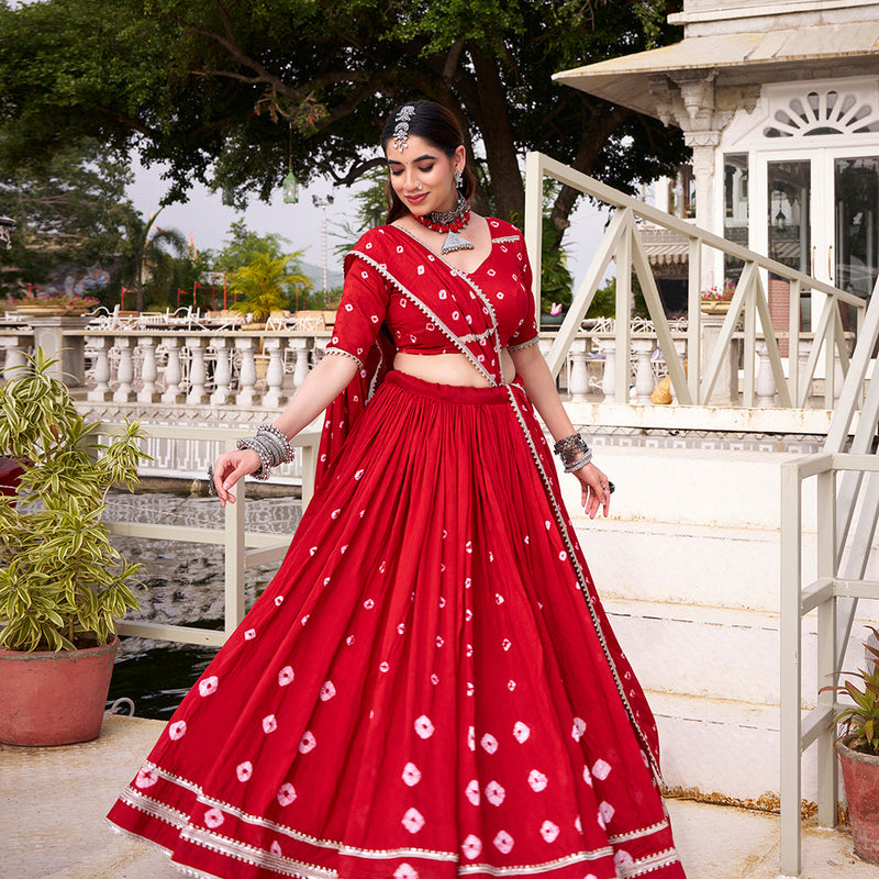 Red Color Bandhej Print With Lace Touch Up Chanderi Chaniya Choli
