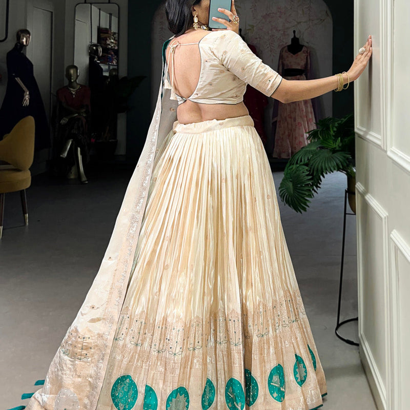 Bottle Green Color Mirror And Bids (Moti) Handwork Shimmer With Weaving Work Lehenga Choli