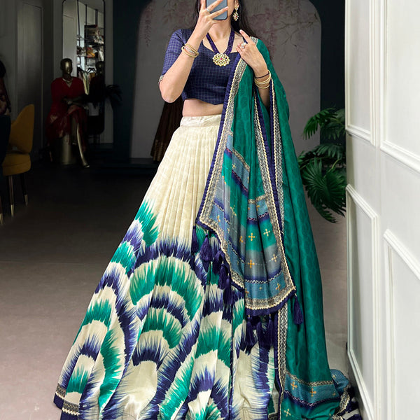 Navy Blue Color Tie And Dye Printed Tasar Silk Lehenga Choli