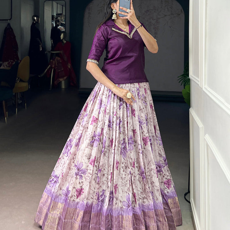 Purple Color Floral Print With Zari Weaving Work Dola Chex Co-Ord Set